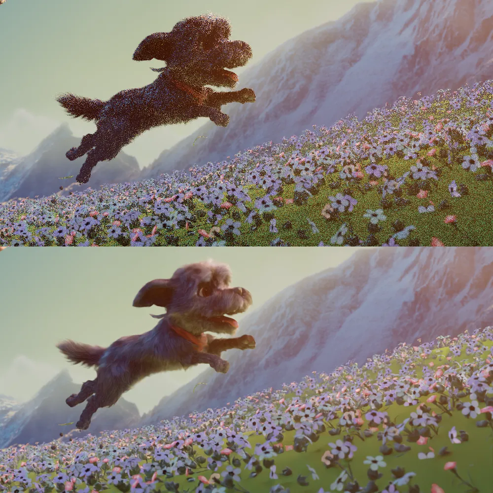 A “before and after” of a subsection of the Blender demo file “Spring” run through OIDN, showing improvement in visual quality