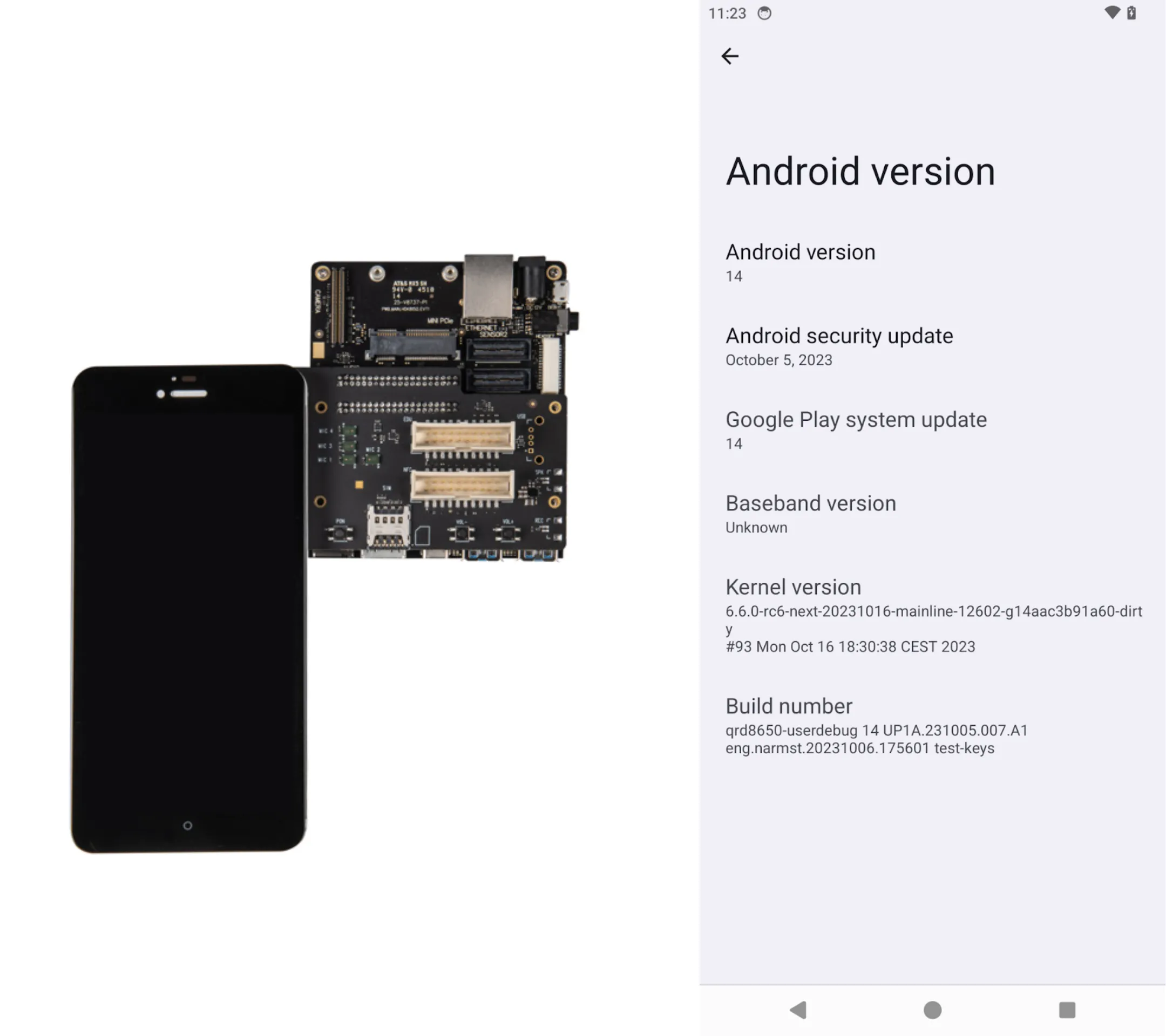 On the left: Picture of a Qualcomm Development Kit with the attached debug board. On the right: Screenshot of the Android Version menu showing the device running Android 14 and running the v6.6-rc6 based Linux tree