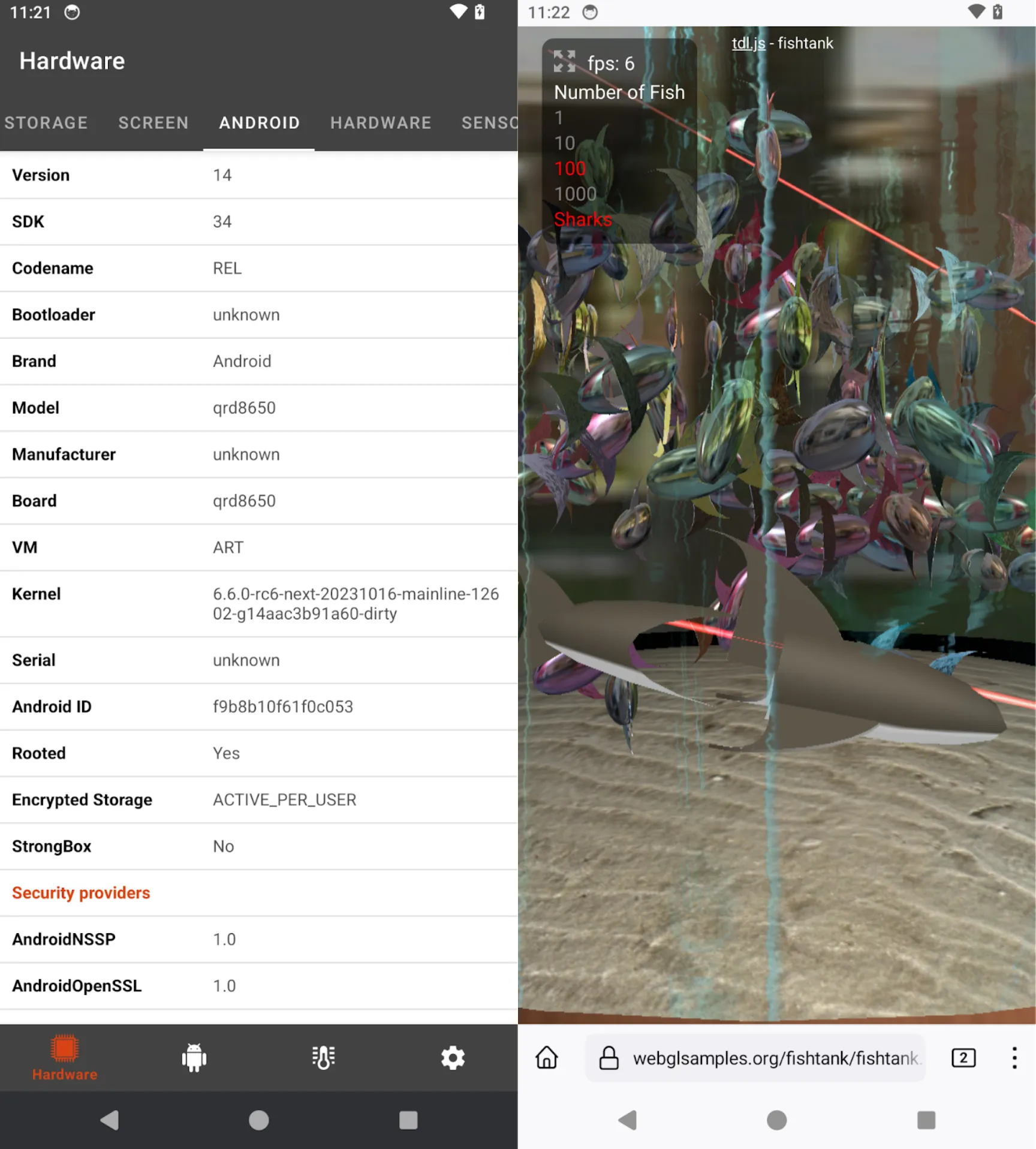 On the left Screenshot of CPU Info (open-source) App showing information on the running system. On the right: FishTank WebGL sample running in Firefox for Android